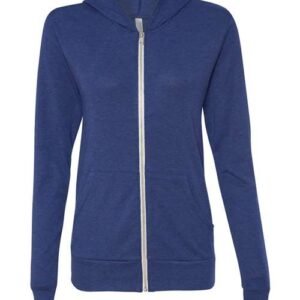 bella + canvas 3939 unisex triblend lightweight full zip hooded long sleeve tee